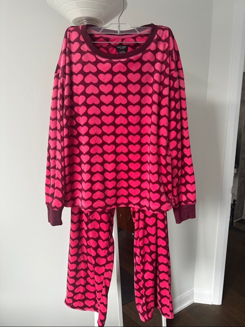 Kate Spade Heart Print Pink Velour Pajama Set